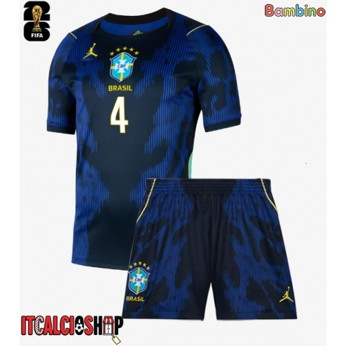 Brasile Marquinhos #4 Seconda Maglia Bambino Mondiali 2026 Manica Corta (+ Pantaloni corti)
